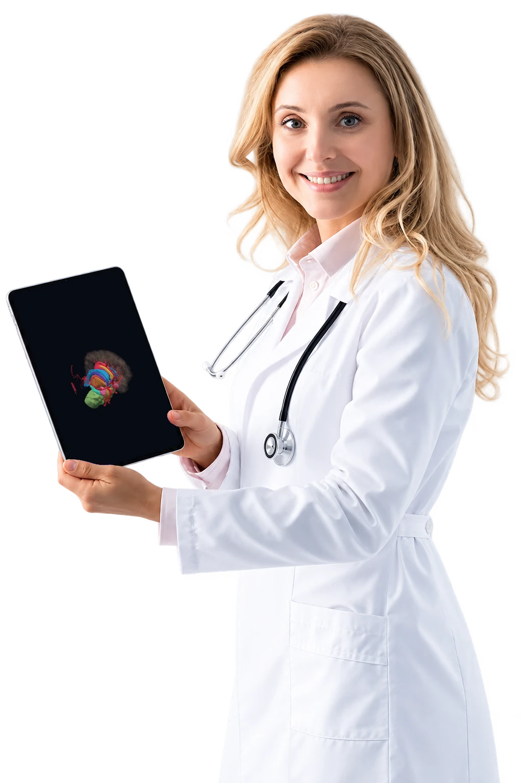 Especialista mostrando un modelo anatómico reconstruido en una tablet